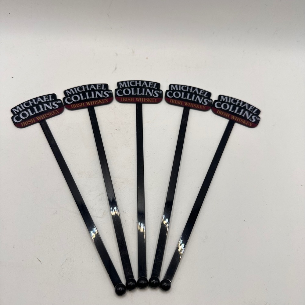 Michael Collins Irish Whiskey Swizzle Sticks Set of 5 Black Plastic Bar Stirrers